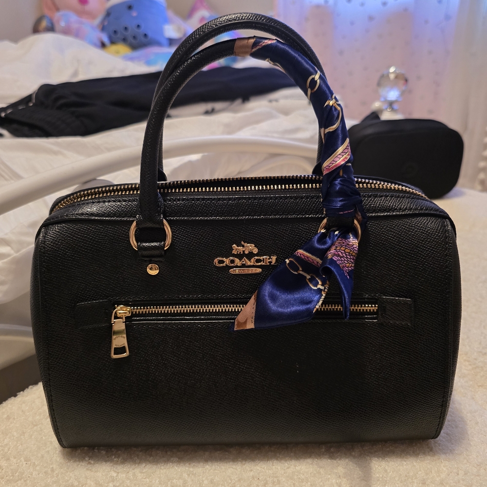 Coach Black Leather Handbag with Scarf Accent